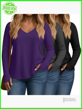 3 Pack Plus Size Long Sleeve Tunics V Neck Thumb Hole Loose Fit Tops